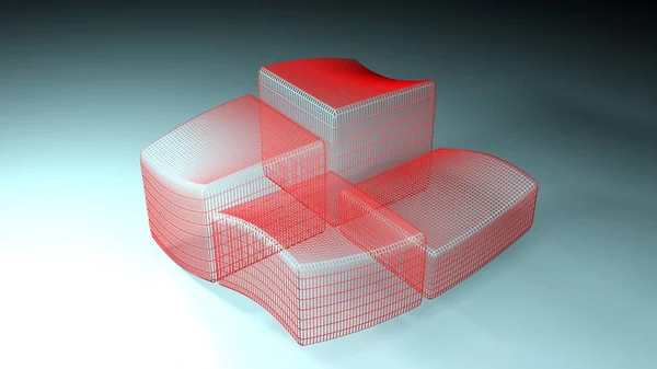 Series Four Red Wireframed Cubes Blue Surface Rendering Illustration — ストック写真