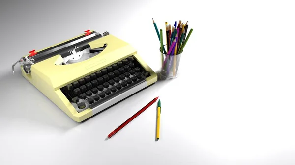 Maszyna Pisania Ołówki Białym Biurku Ilustracja Renderowania — Zdjęcie stockowe