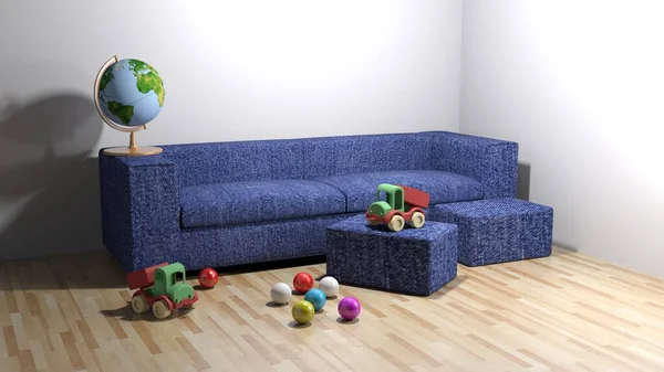 Kot Mavisi Kanepesi Oyuncakları Boyutlu Resimli Bir Küresi Olan Oturma — Stok fotoğraf
