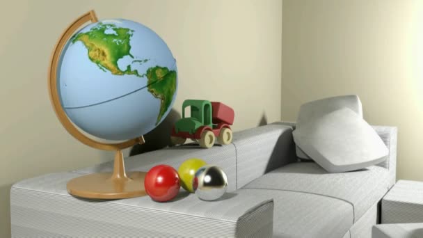 地球はいくつかのおもちゃや色のボールの近くに リビングルームの白いソファの上に立っています 3Dレンダリングイラストビデオクリップ — ストック動画