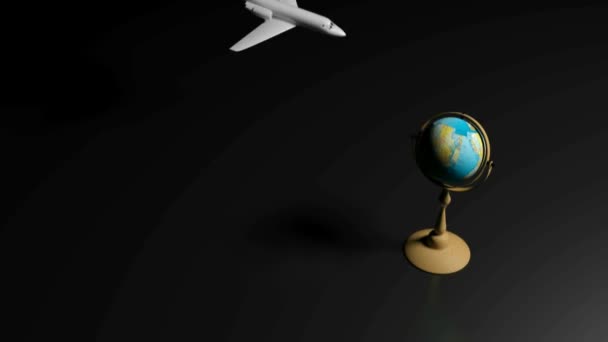 White Airplane Comes Flying Rotating Globe Standing Black Glossy Floor — Stock Video