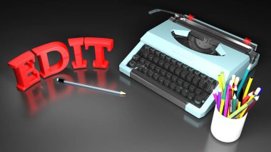 Siyah bir masanın üzerinde kurşun kalemler olan mavi bir daktilo ve EDIT - 3D resimleme
