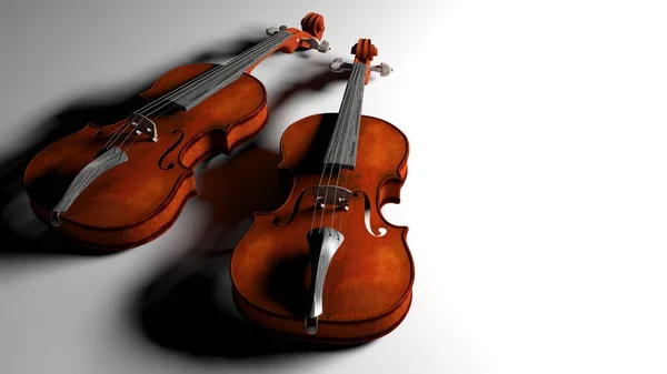 Dos Violines Colocados Sobre Una Superficie Blanca Ilustración Representación — Foto de Stock