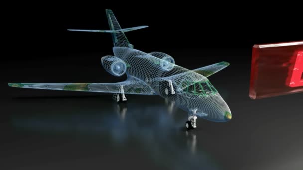 Modèle Avion Bleu Wireframe Est Sur Fond Noir Une Étiquette — Video