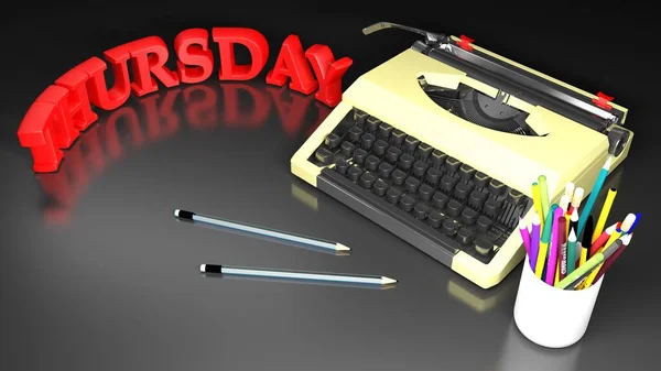 Typewriter on black desk with THURSDAY write - 3D rendering illustration