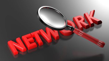 NETwork kelimesinin üzerine büyüteç - 3 boyutlu resimleme