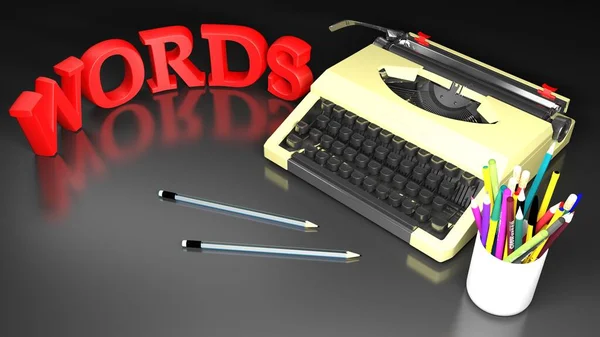 Schreibmaschine Auf Schwarzem Schreibtisch Neben Stiften Und Bleistiften Und Das — Stockfoto