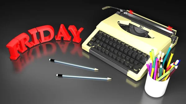 Typewriter on black desk with FRIDAY write - 3D rendering illustration