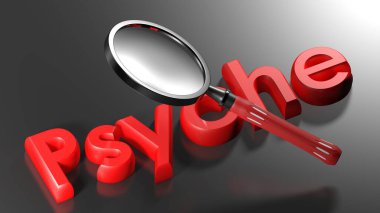 Siyah bir yüzey üzerinde uzanan PSYCHE yazısının üzerine büyüteç - 3 boyutlu resimleme