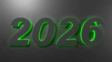 Siyah yüzey üzerine yeşil arka plan ışığıyla 2026 siyah yazı - 3D resimleme