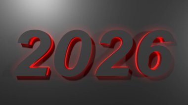 Siyah yüzey üzerine kırmızı arka plan ışığıyla 2026 siyah yazı - 3D resimleme
