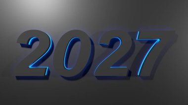 2027 siyah yazı mavi arka plan ışığıyla siyah yüzey üzerine - 3 boyutlu resimleme