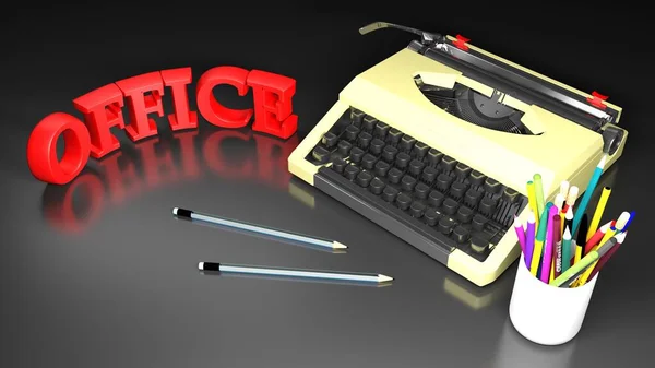 Zwarte Bureau Met Typemachine Pennen Het Schrijfbureau Weergave Illustratie — Stockfoto