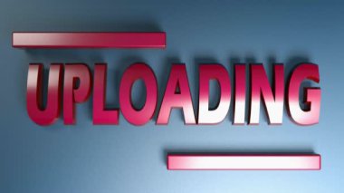 Mavi parlak arkaplanda kırmızı parlak harflerle UPLOADING yazın, bir yandan diğerine hareket eden iki yatay çubuk - 3D görüntüleme videosu