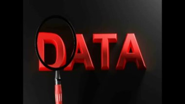Bir büyüteç siyah bir yüzey üzerinde DATA yazısının üzerinden geçiyor - 3D görüntüleme videosu