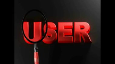 Bir büyüteç siyah parlak bir yüzey üzerinde kırmızı harflerle kullanıcının üzerinden geçiyor - 3 boyutlu canlandırma canlandırması