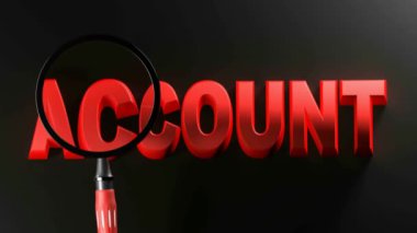 Bir büyüteç siyah bir yüzey üzerinde kırmızı harflerle ACCOUNT yazma üzerinden geçiyor - 3D görüntüleme videosu