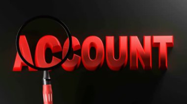 Bir büyüteç siyah bir yüzey üzerinde kırmızı harflerle ACCOUNT yazma üzerinden geçiyor - 3D görüntüleme videosu