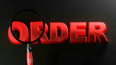 Kırmızı yazıda RECORD siyah arkaplanda sağdan sola geçer ve üzerinden bir büyüteç geçer - 3 boyutlu canlandırma kavramı canlandırması