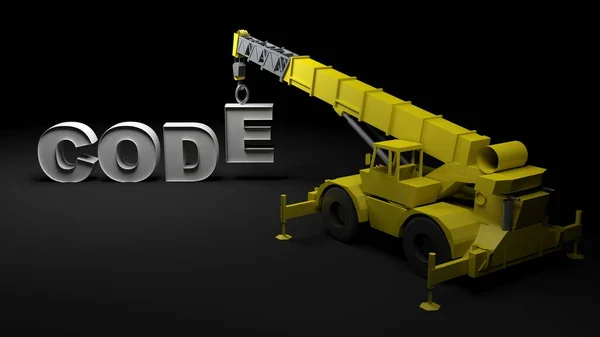 Yellow Crane Arranging Write Code Rendering Illustration — Stock Photo, Image