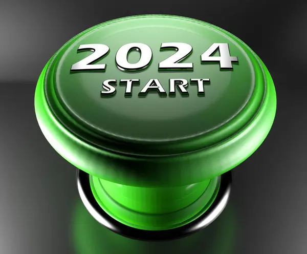 2024 Start Grön Tryckknapp Svart Bakgrund Rendering Illustration — Stockfoto