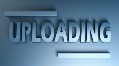 Mavi parlak bir zemin üzerinde mavi parlak harflerle UPLOADING yazın, iki yatay çubuk bir yandan diğer yana hareket eder ve geri - 3D görüntüleme klibi
