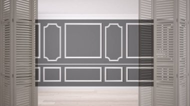 Katlanır Kapı açılış klasik boş alanı sıva pervaz ve parke zemin, vintage iç tasarım ile beyaz