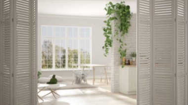 Modern İskandinav oturma odası ve mutfak büyük panoramik pencere, beyaz iç tasarım, mimar tasarımcı kavramı, açılış beyaz katlanır kapı arka plan bulanıklık