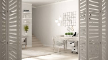 Beyaz katlanır kapı ev çalışma alanı, beyaz iç tasarım, mimar tasarımcı kavramı, modern İskandinav oturma odası üzerinde açma arka plan bulanıklık