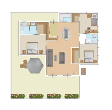 Bir özel ev ve mutfak, yatak odası, oturma odası, yemek odası, banyo ve mobilya, tavan üstten görünüm, konsept iç tasarım mimari çizim