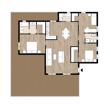 Bir özel ev ve mutfak, yatak odası, oturma odası, yemek odası, banyo ve mobilya, tavan üstten görünüm, konsept iç tasarım mimari çizim