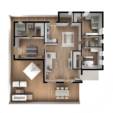 Daire Daire üstten görünüm, mobilya ve dekorlar, plan, kesit iç tasarım, mimar tasarımcı kavram fikir, beyaz arka plan