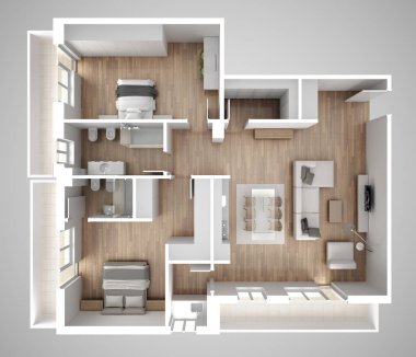 Daire Daire üstten görünüm, mobilya ve dekorlar, plan, kesit iç tasarım, mimar tasarımcı kavram fikir, gri arka plan