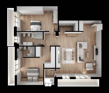 Daire Daire üstten görünüm, mobilya ve dekorlar, plan, kesit iç tasarım, mimar tasarımcı kavram fikir, koyu siyah arka plan