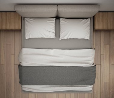 Modern yatak odası, üstten görünüm, closeup Çift Kişilik gri ve krem yatakta, parke zemin, çağdaş iç tasarım