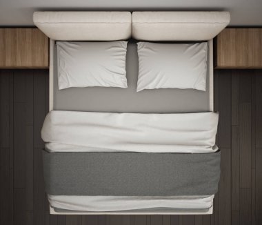 Modern yatak odası, üstten görünüm, closeup Çift Kişilik gri ve krem yatakta, parke zemin, çağdaş iç tasarım