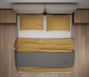 Modern yatak odası, üstten görünüm, closeup Çift Kişilik gri ve sarı yatakta, parke zemin, çağdaş iç tasarım