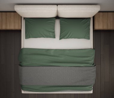 Modern yatak odası, üstten görünüm, closeup Çift Kişilik gri ve yeşil yatakta, parke zemin, çağdaş iç tasarım