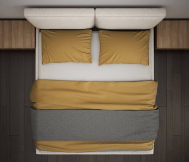 Modern yatak odası, üstten görünüm, closeup Çift Kişilik gri ve sarı yatakta, parke zemin, çağdaş iç tasarım