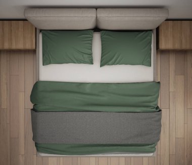 Modern yatak odası, üstten görünüm, closeup Çift Kişilik gri ve yeşil yatakta, parke zemin, çağdaş iç tasarım