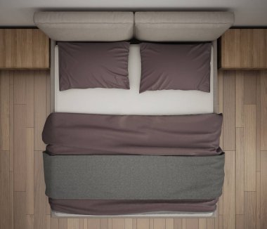 Modern yatak odası, üstten görünüm, closeup Çift Kişilik gri ve kırmızı yatakta, parke zemin, çağdaş iç tasarım