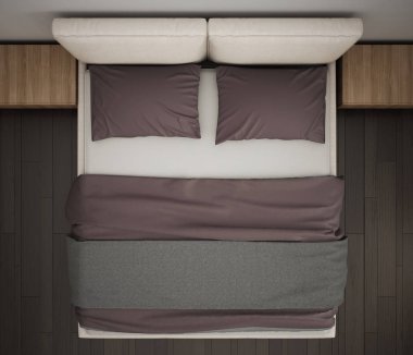 Modern yatak odası, üstten görünüm, closeup Çift Kişilik gri ve kırmızı yatakta, parke zemin, çağdaş iç tasarım