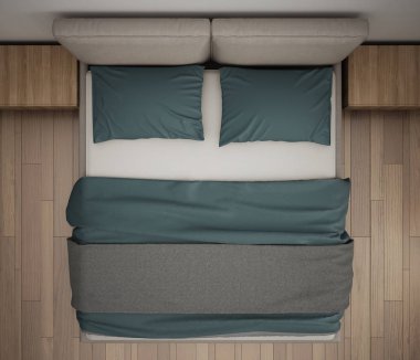 Modern yatak odası, üstten görünüm, closeup Çift Kişilik gri ve mavi yatakta, parke zemin, çağdaş iç tasarım