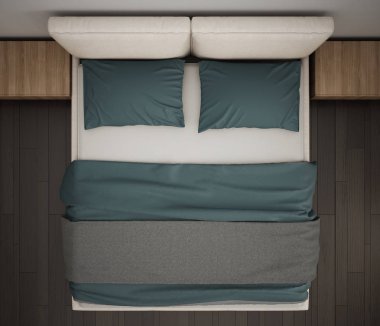 Modern yatak odası, üstten görünüm, closeup Çift Kişilik gri ve mavi yatakta, parke zemin, çağdaş iç tasarım