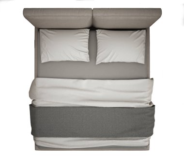 Çağdaş modern Çift Kişilik Yatak, en iyi görünüm, izole üzerinde beyaz arka plan, gri ve krem iç tasarım