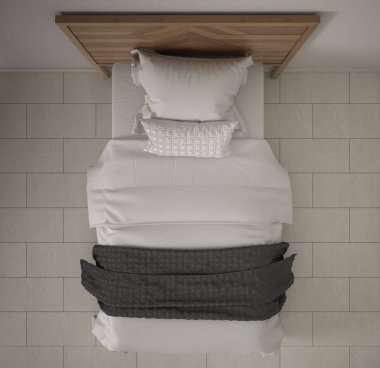 Modern yatak odası, üstten görünüm, closeup tek ahşap, gri ve krem yatak, mermer zemin, çağdaş iç tasarım