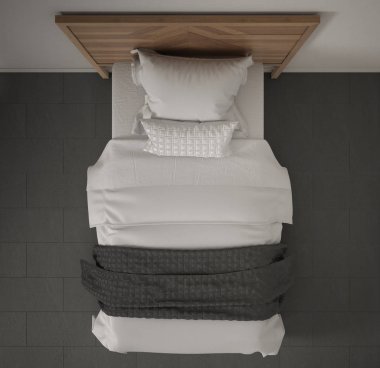 Modern yatak odası, üstten görünüm, closeup tek ahşap, gri ve krem yatak, mermer zemin, çağdaş iç tasarım