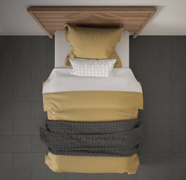 Modern yatak odası, üstten görünüm, closeup tek ahşap, gri ve sarı yatak, mermer zemin, çağdaş iç tasarım