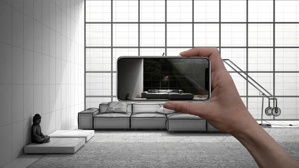 Hand holding smart phone, AR application, simulate furniture and interior design products in real home, architect designer concept, sketch project background, modern living room