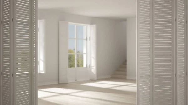 ホワイト折り畳みドア パノラマの窓 白いインテリア デザイン 建築家デザイナーのコンセプトは モダンなスカンジナビア空スペースの開口部は 背景をぼかし — ストック写真